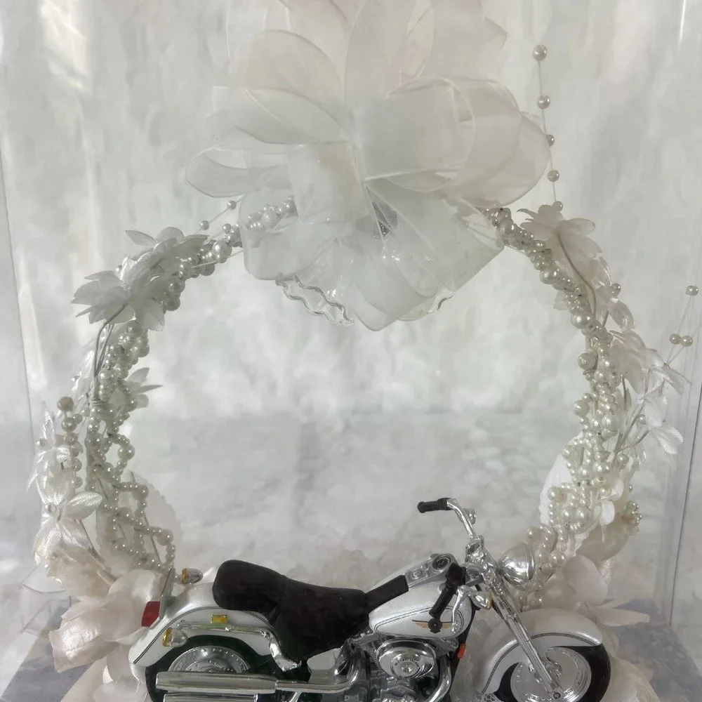 Vintage Bakery Crafts Wedding Cake Topper w/miniature Harley Davidson Motorcycle
